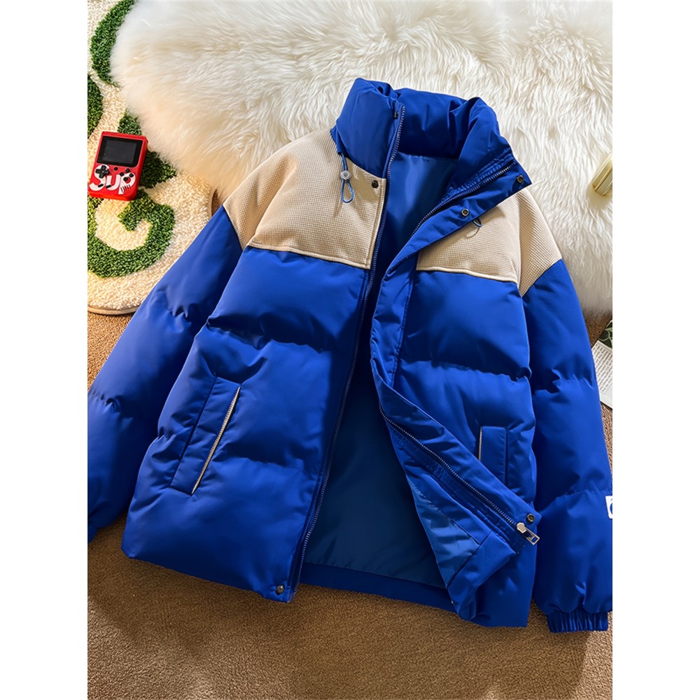 Plus Size Casual Color Block Softshell Jacket, Polyester Fabric, Non-Stretch, Long Sleeve, Regular Fit, with Stand Collar, for Fall/Winter - Woven Polyester Lined Coat 063YD