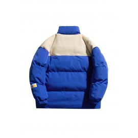 Plus Size Casual Color Block Softshell Jacket, Polyester Fabric, Non-Stretch, Long Sleeve, Regular Fit, with Stand Collar, for Fall/Winter - Woven Polyester Lined Coat 063YD