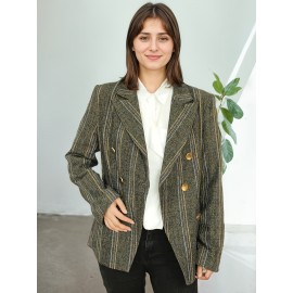Elegant Plus Size Double-Breasted Blazer - Chic Plaid, Long Sleeve Suit Jacket for Women, Machine Washable