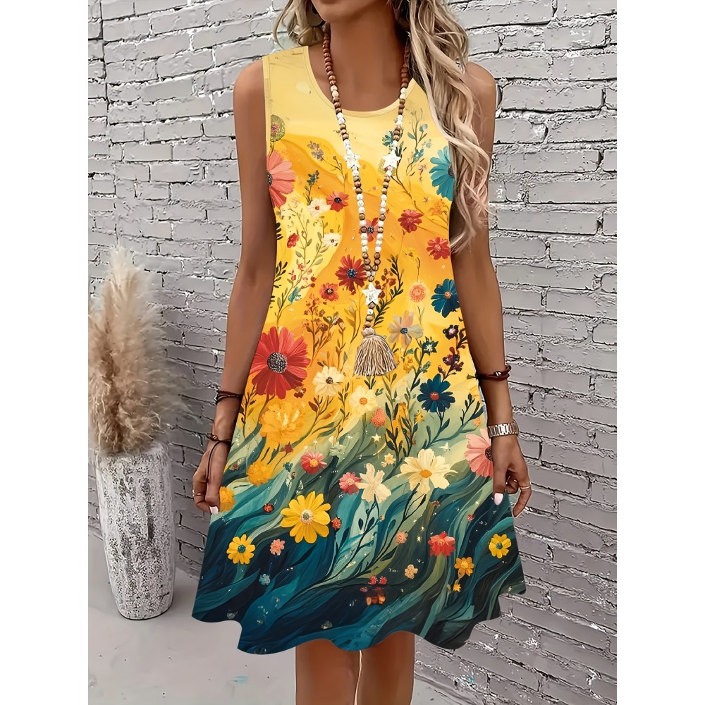 Women's Plus Size Tropical Floral Print Sleeveless A-Line Tank Dress - Vibrant Yellow to Blue Gradient, Lightweight Breathable Casual Summer Vacation Dress, Machine Washable, Casual Summer Dresses, Beach Attire, Gradientshaped Fashion, Easycare Fabric