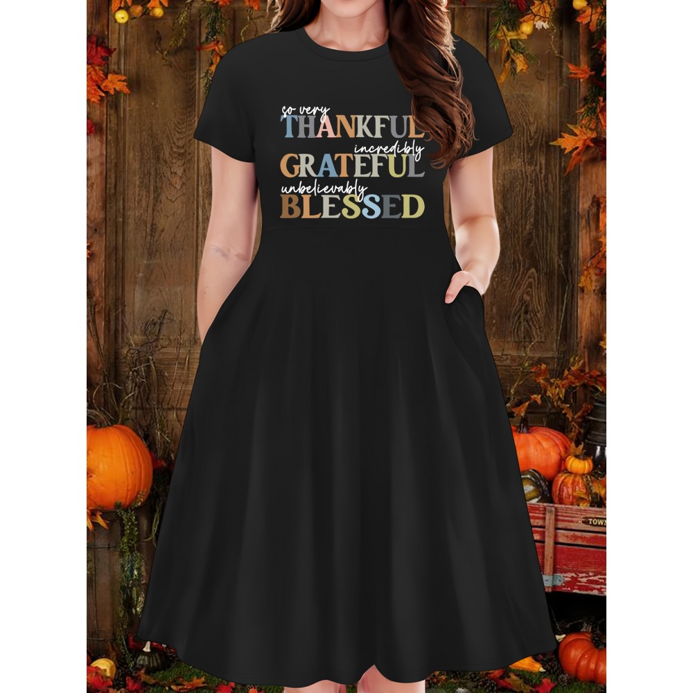 Thanksgiving Alphabet Print Casual Dress- Mid-Length Fabric with Middle Tier, Round Neck, Medium Stretch Polyester, Fall Apparel with 