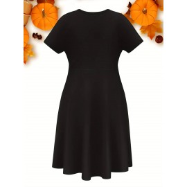Thanksgiving Alphabet Print Casual Dress- Mid-Length Fabric with Middle Tier, Round Neck, Medium Stretch Polyester, Fall Apparel with 