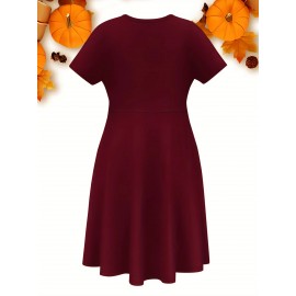 Thanksgiving Alphabet Print Casual Dress- Mid-Length Fabric with Middle Tier, Round Neck, Medium Stretch Polyester, Fall Apparel with 