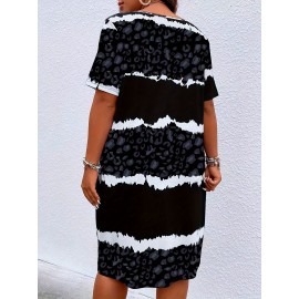 Women's Tunic Dress, Short Sleeve, Knee-Length,, Casual Summer Vacation Style, Loose Fit, Fabric, Patterned Trapeze Hem, No Belt, Pullovers Placket-