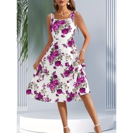 Women's Sleeveless Square Neck A-line Blue Floral Print, Spring/Summer Machine Washable, Moderately Stretchy Elegant A-line Cut, Suitable for Casual and Formal Occasions, Spring Fashion, Comfortable and Close-fitting, Non-transparent Fabric