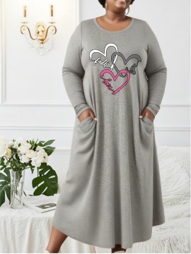 Plus Size, 1pc Women'S Plus Size Long Sleeve Maxi Dress - Elegant Black with Pink Heart & Faith Lettering, Flowy Loose Fit Formal Casual Outfits - Fall/Winter Everyday & Special Occasion Dress for Women, Winter Comfort Clothing, Comfortable Fabric