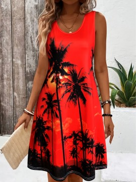 Women'S Tropical Print Sleeveless Beach Dress- Vibrant Pink with Black Palm Tree Design, Round Neck Machine-Washable Lightweight Summer Vacation Dress for Poolside& Casual Outings
