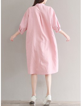 Casual Solid Color Loose Stand Collar 3/4 Sleeve Shirt Dress For Women