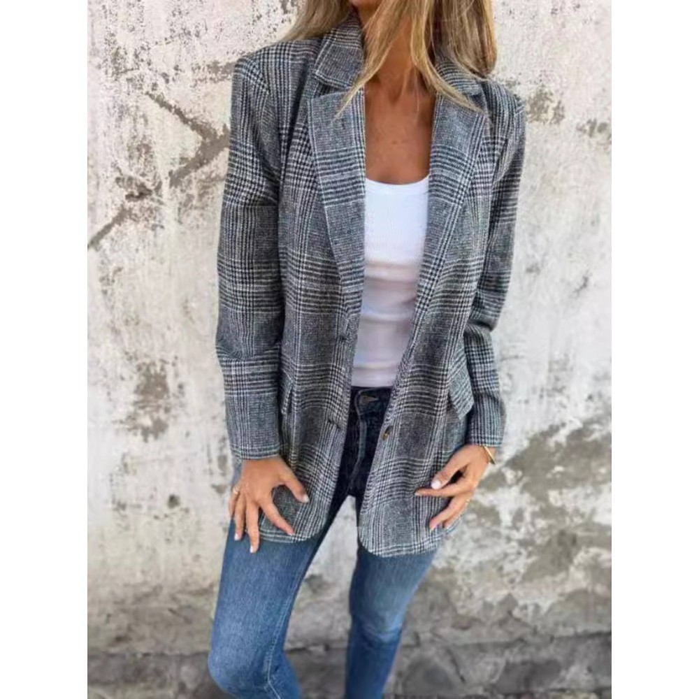 Plus Size - Women'S Retro Houndstooth Lapel Blazer Coat - Classic Notched Lapel Structured Tailored Winter Coat, Elegant Casual to Formal Outerwear for Fall/Winter, Timeless Houndstooth Pattern in / - Versatile Everyday & Special Occasion Jacket