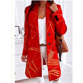 Plus-Size Women's Collar Button- Jacket - Winter-Ready Striped Coat with Chest Pocket, Wrinkle-Resistant Long Sleeve Blazer (Grey/Brown/Beige) for, Casual & Formal Events - Machine Washable Outerwear
