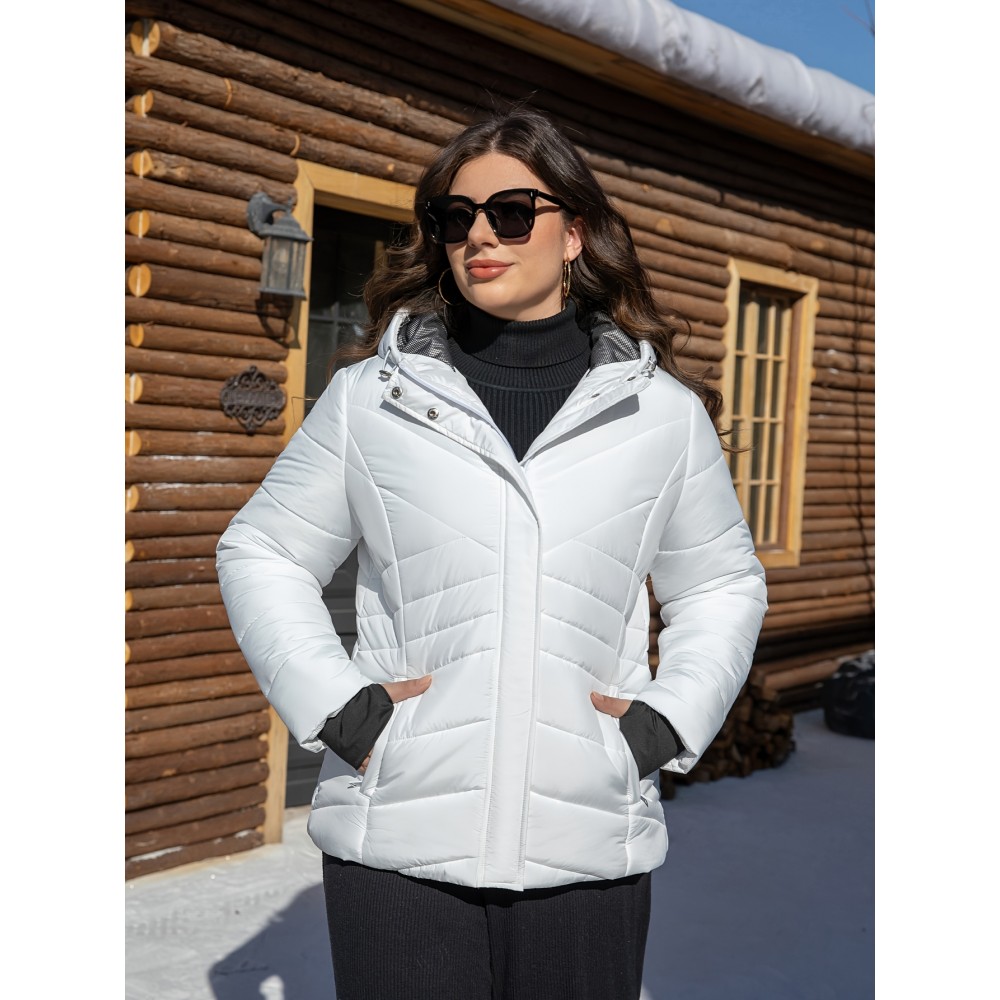 Women'S Plus Size Hooded Jacket, Casual Polyester 100% Woven Coat, Solid Color Fall/Winter Warm Windproof Outerwear with Pockets