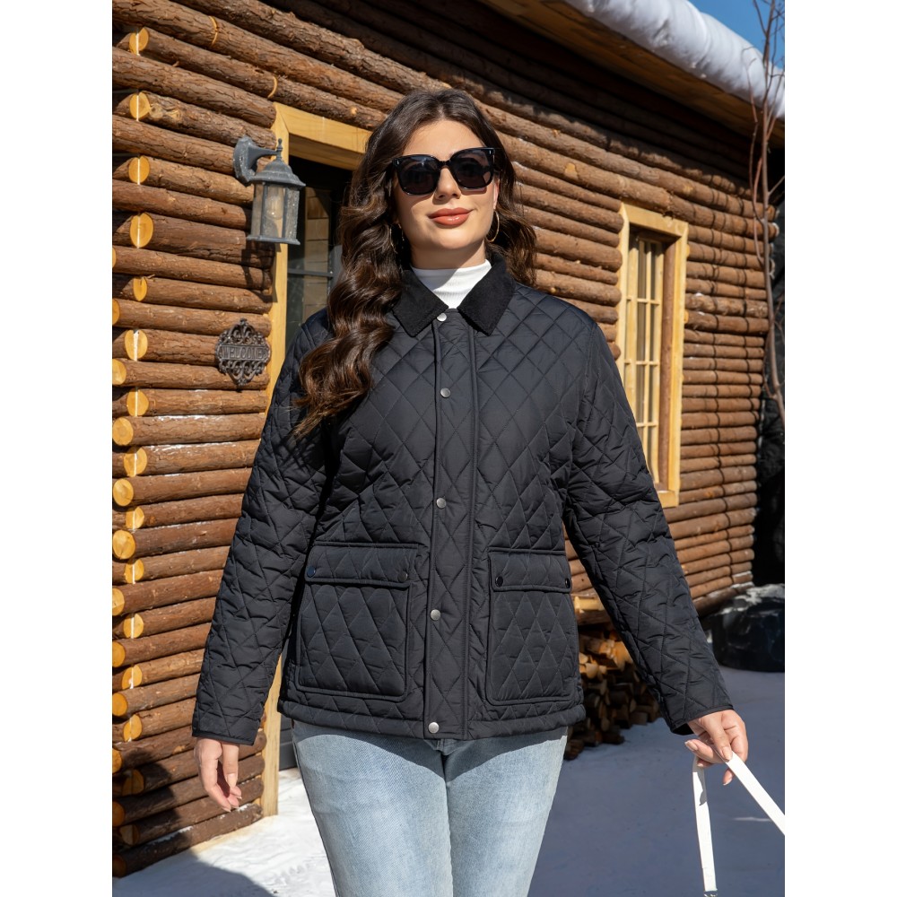 Women's Plus Size Casual Jacket - Warm, Solid Color with Pockets, Non-Stretch Polyester for Fall/Winter