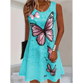 Women's Sleeveless Summer Dress with Vibrant Tropical Butterfly Print - Casual Loose Fit Round Neck Orange Dress, Machine Washable Flared Hem for Beach, Picnics & Casual Outings, Beach Dresses, Picnic Attire, Flowy Fabric