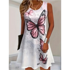 Women's Sleeveless Summer Dress with Vibrant Tropical Butterfly Print - Casual Loose Fit Round Neck Orange Dress, Machine Washable Flared Hem for Beach, Picnics & Casual Outings, Beach Dresses, Picnic Attire, Flowy Fabric