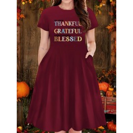 Thanksgiving Alphabet Print Casual Dress- Mid-Length Fabric with Middle Tier, Round Neck, Medium Stretch Polyester, Fall Apparel with 