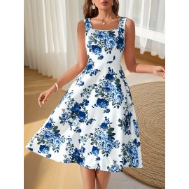 Women's Sleeveless Square Neck A-line Blue Floral Print, Spring/Summer Machine Washable, Moderately Stretchy Elegant A-line Cut, Suitable for Casual and Formal Occasions, Spring Fashion, Comfortable and Close-fitting, Non-transparent Fabric
