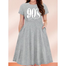 Women'S Plus Size 90'S Retro Bops Graphic Print Vintage 90s Inspired Casual Dress - Short Sleeve Round Neck A-Line Flared Skirt with Puff Sleeve-like Hem, Machine Washable Summer Midi Dress in & Retro Lettering, Loose Fit H-Line Silhouette for Casua
