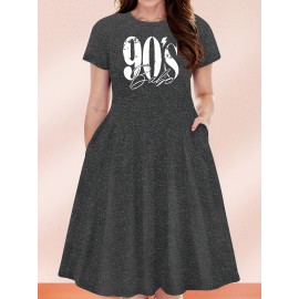 Women'S Plus Size 90'S Retro Bops Graphic Print Vintage 90s Inspired Casual Dress - Short Sleeve Round Neck A-Line Flared Skirt with Puff Sleeve-like Hem, Machine Washable Summer Midi Dress in & Retro Lettering, Loose Fit H-Line Silhouette for Casua